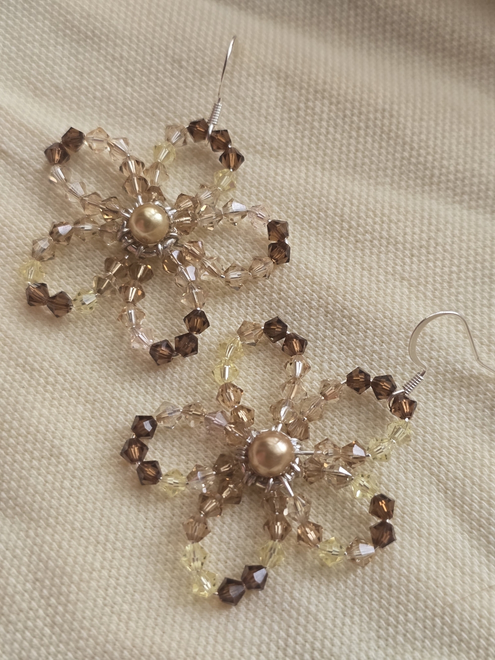 Handmade Beaded Flower Drop Earrings - Champagne and Brown